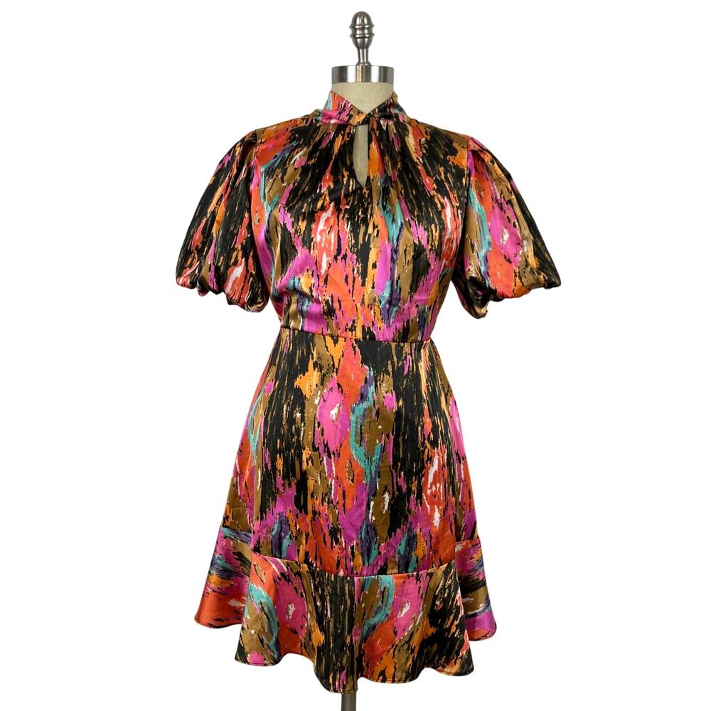 Women's THML Multicolored Puff Sleeve Satin Mini Dress (Sz XS)